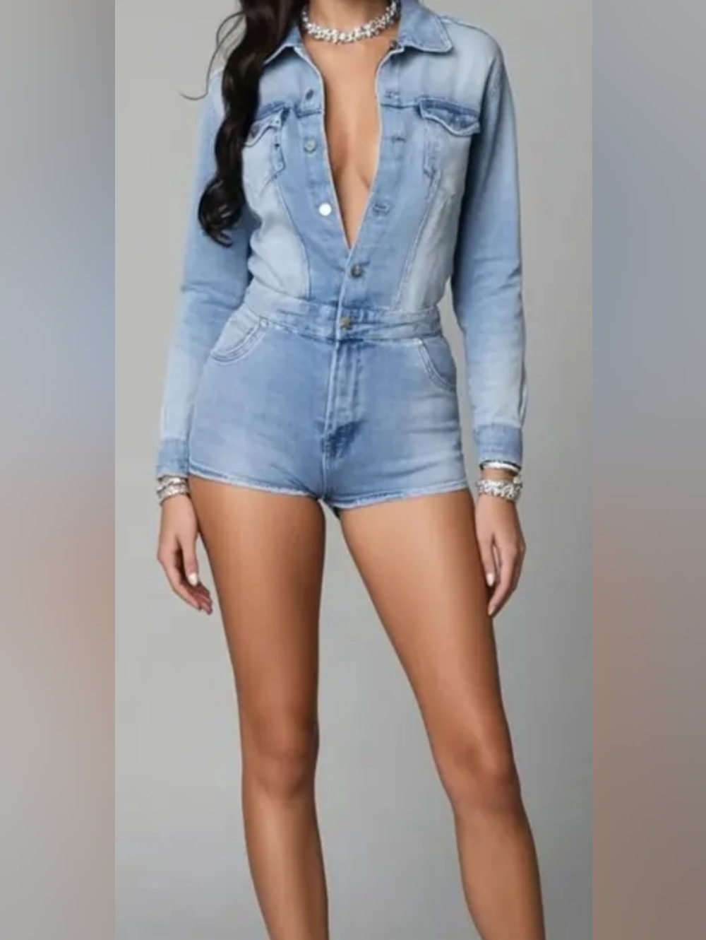 Unknown Light Blue Denim Short Romper - Fitted Jean Jumpsuit